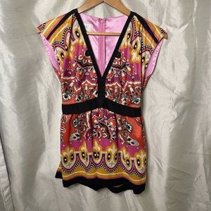 eci NY y2k Bright Pink Orange Paisley Print Empire Waist V-Neck Tie Back Top